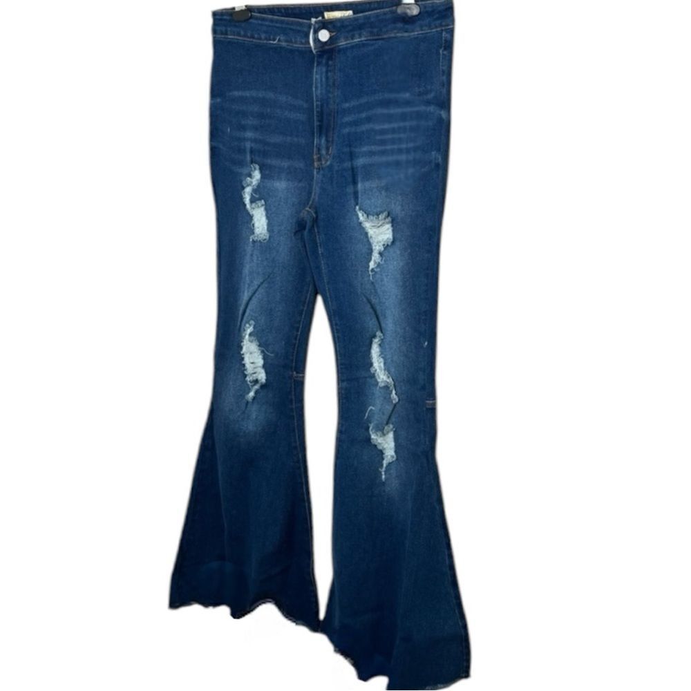 Dark Wash Distressed Flare Jeans | High Rise Stretch | Raw Hem | Plus Size | NWT - Picture 11 of 16